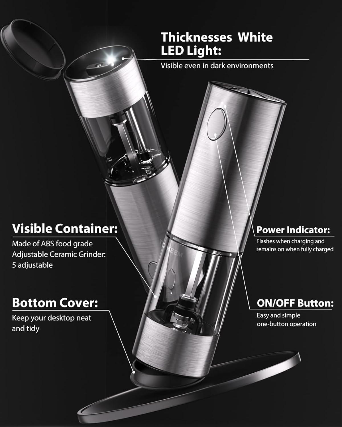 TOMEEM Electric Salt and Pepper Grinder Set - Rechargeable, Stainless Steel with LED Lights | 5 Adjustable Coarseness