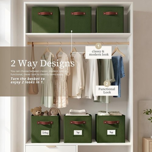 DECOMOMO Storage Cubes - 13x13x13 Fabric Organizer Bins with Labels | 6-Pack in Olive Green