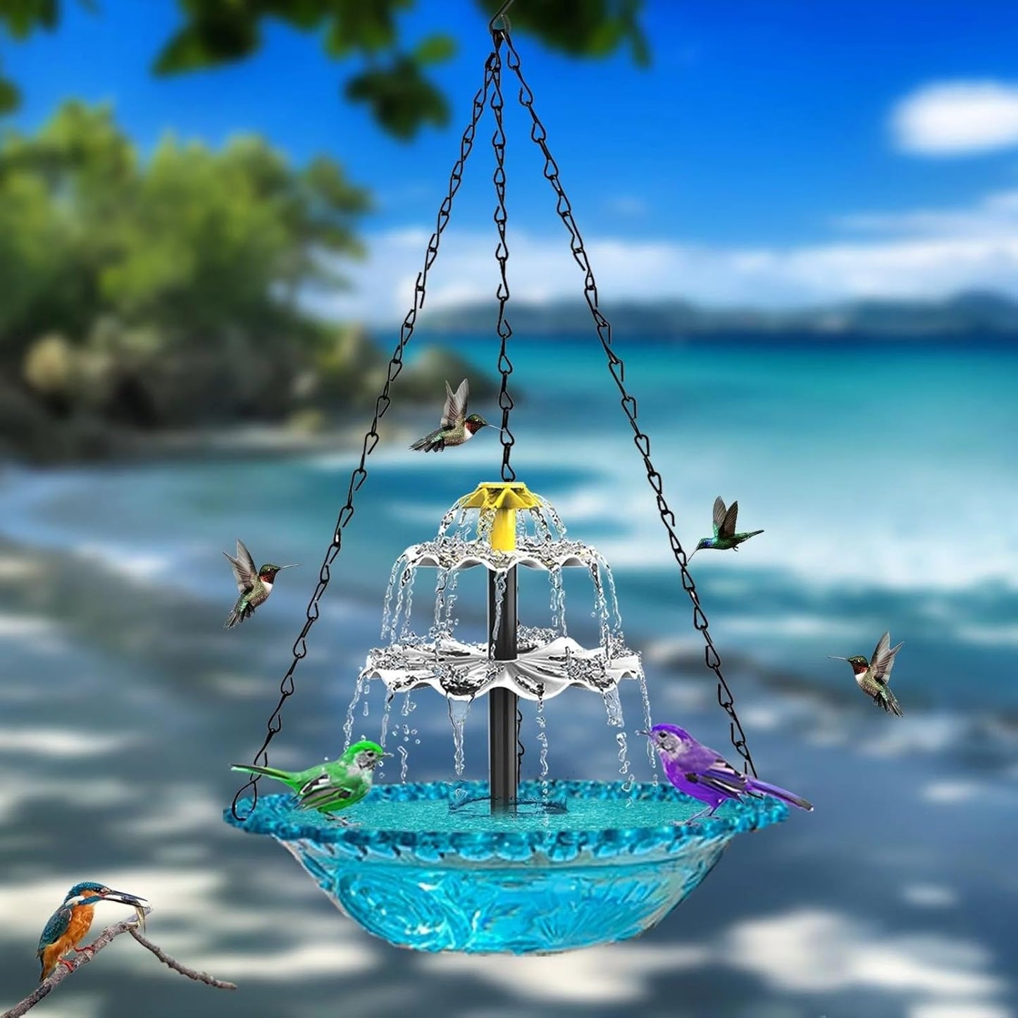 Skiennix Solar Hanging Bird Bath - Elegant Fountain Cascade for Outdoor Gardens | Blue