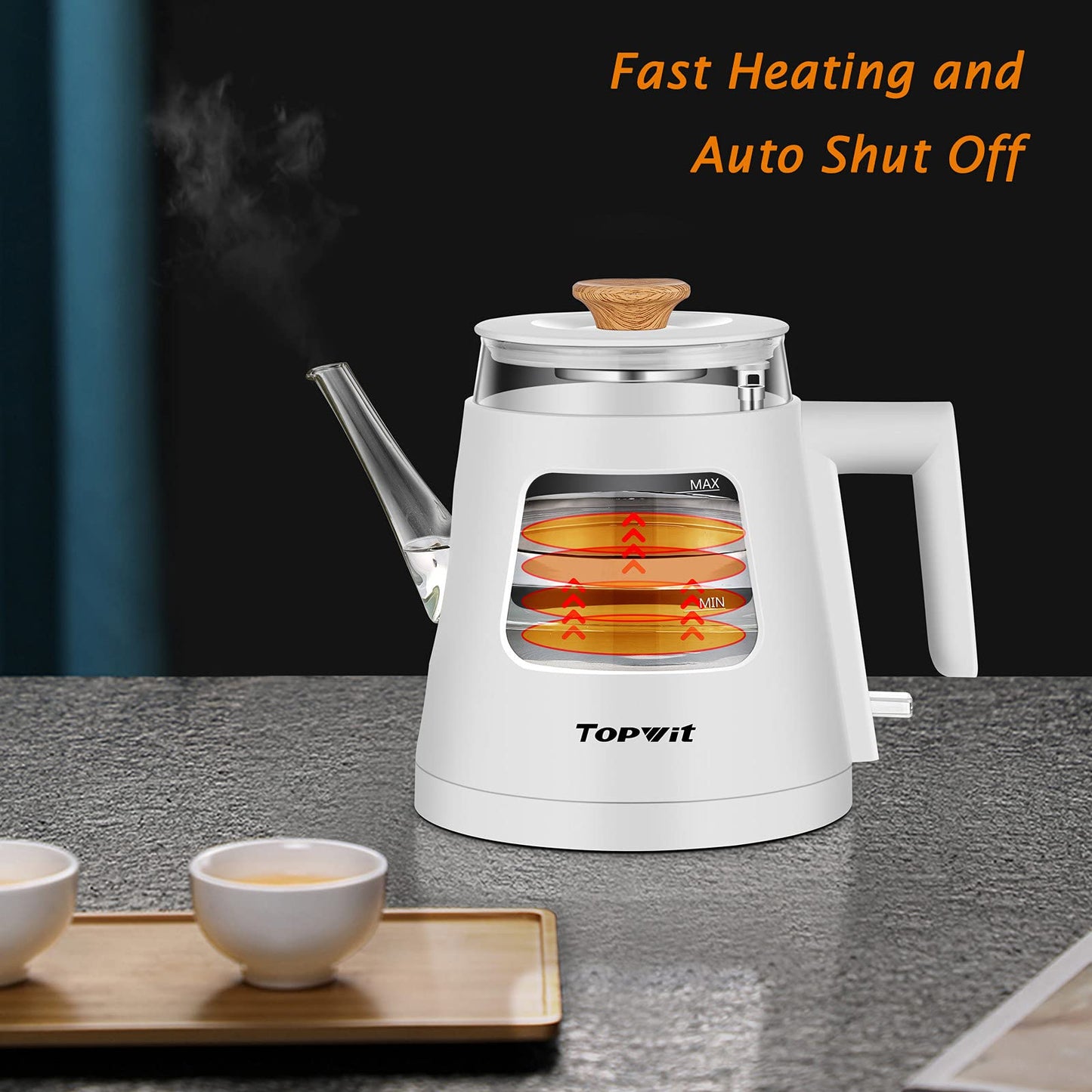 TOPWIT Electric Kettle, 1.0L Electric Tea Kettle with Removable Stainless Steel Infuser, BPA-Free Electric Glass Kettle with Window, Double Wall Water Warmer, Gooseneck, Auto-shut Off, White
