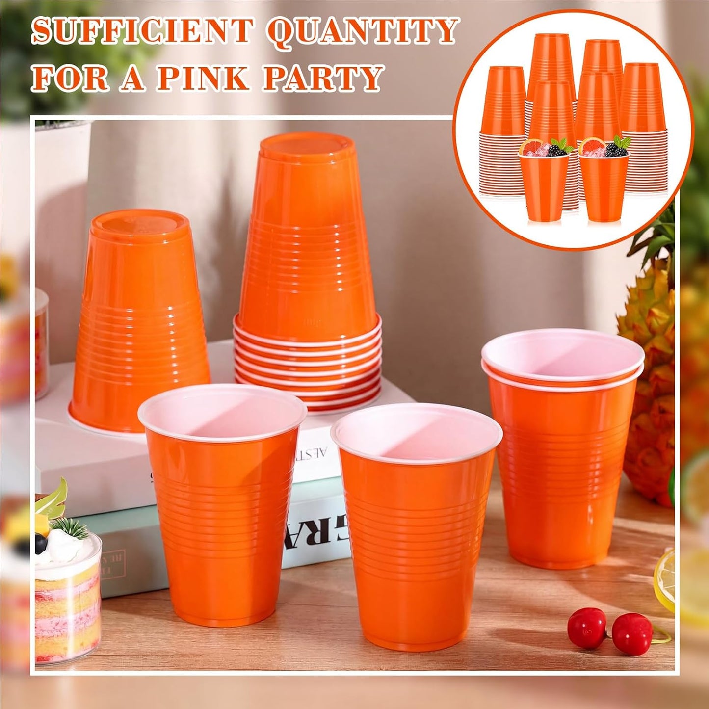 Skiennix 12oz Orange Plastic Cups - 150 Pcs Bulk Disposable Party Supplies for Celebrations