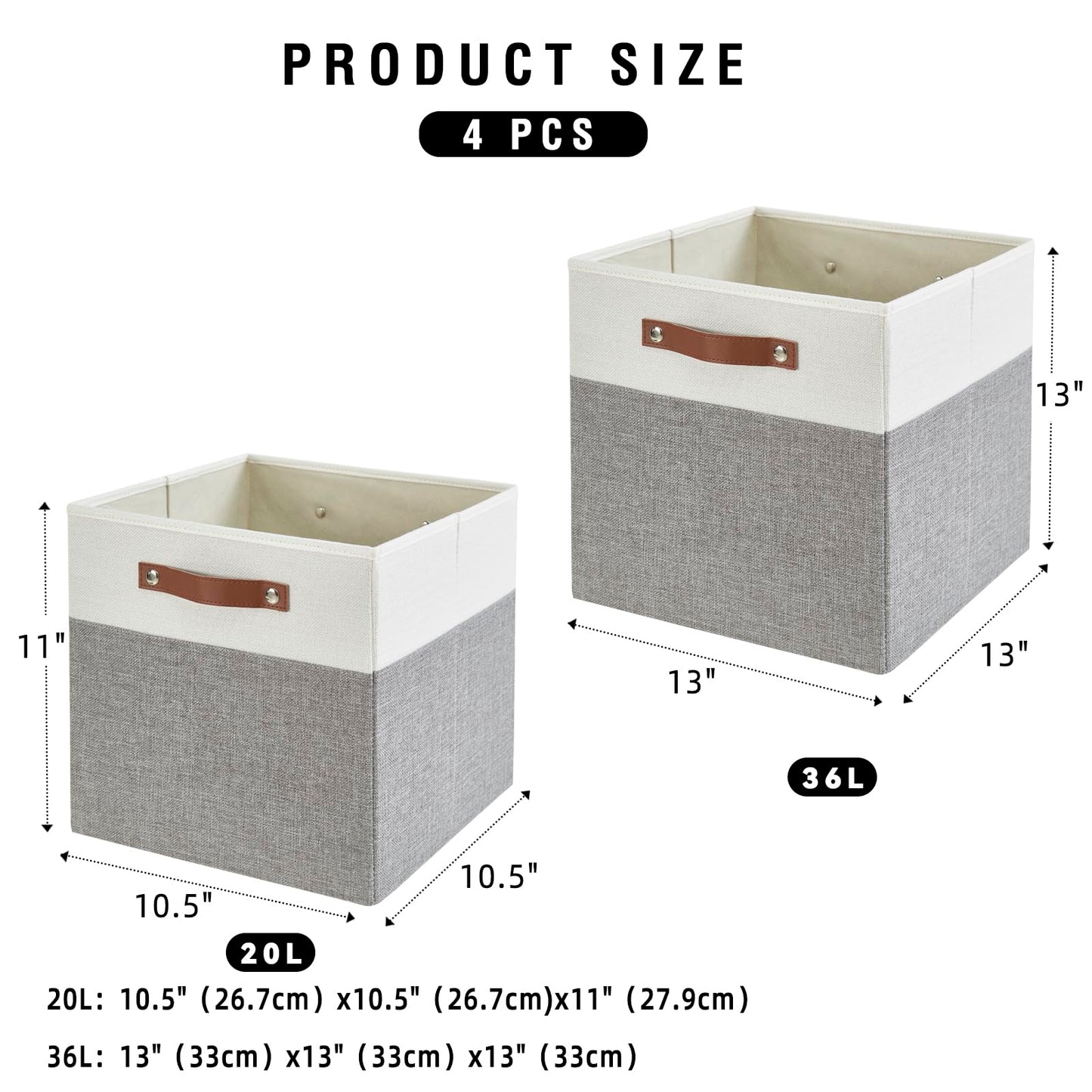 Bagnizer Collapsible Fabric Storage Cube Bins with 2 Reinforced PU Handles, Foldable Storage Organizer Baskets for Closet, Shelves, Living Room | 13"x13"x13", 4 Pack, Gray & White