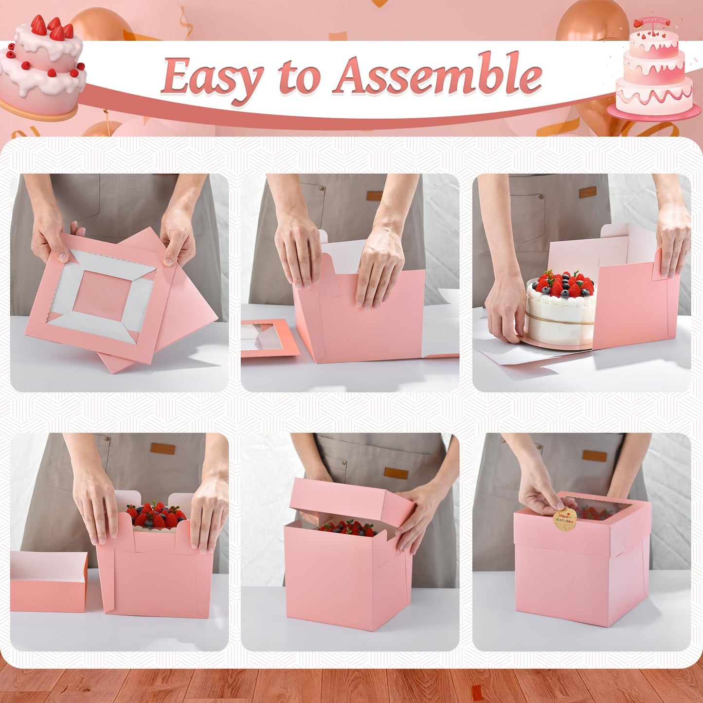 DOYIDE 12Pcs Cake Boxes, 12x12x6 Inches Pink Bakery Boxes with Window, Large Disposable Cake Carrier Container for Pastries, Pie, Cookies, Chocolates, Cupcakes Dessert Boxes