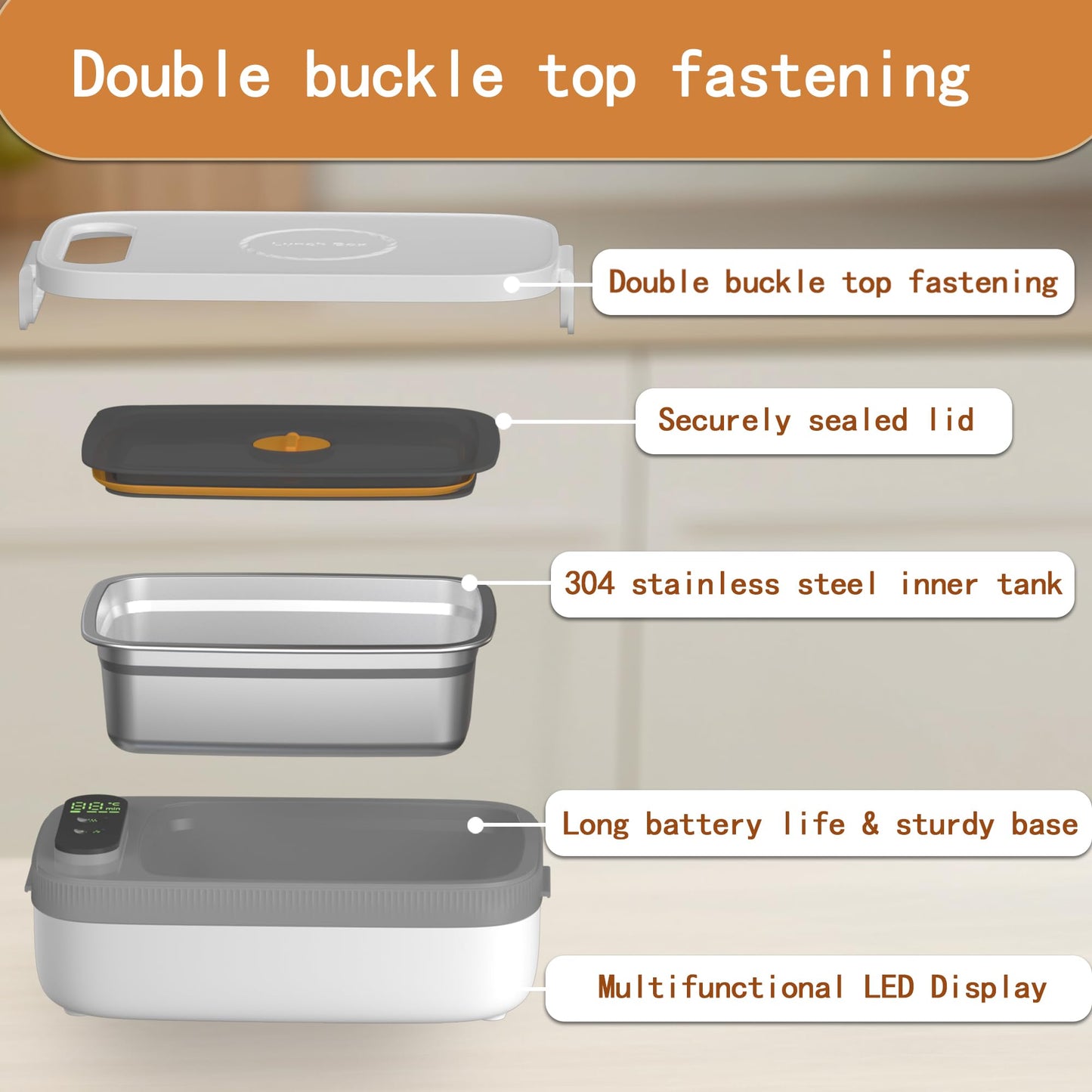 Portable Wireless Electric Heated Lunch Box for Men,Heating Food Warmer Lunch Box,Rechargeable 14000 mAh Battery,4.2 Cups Capcity Inner Food Warmer Container,Lunchbox for Travel,Outdoor,Picnic,Office