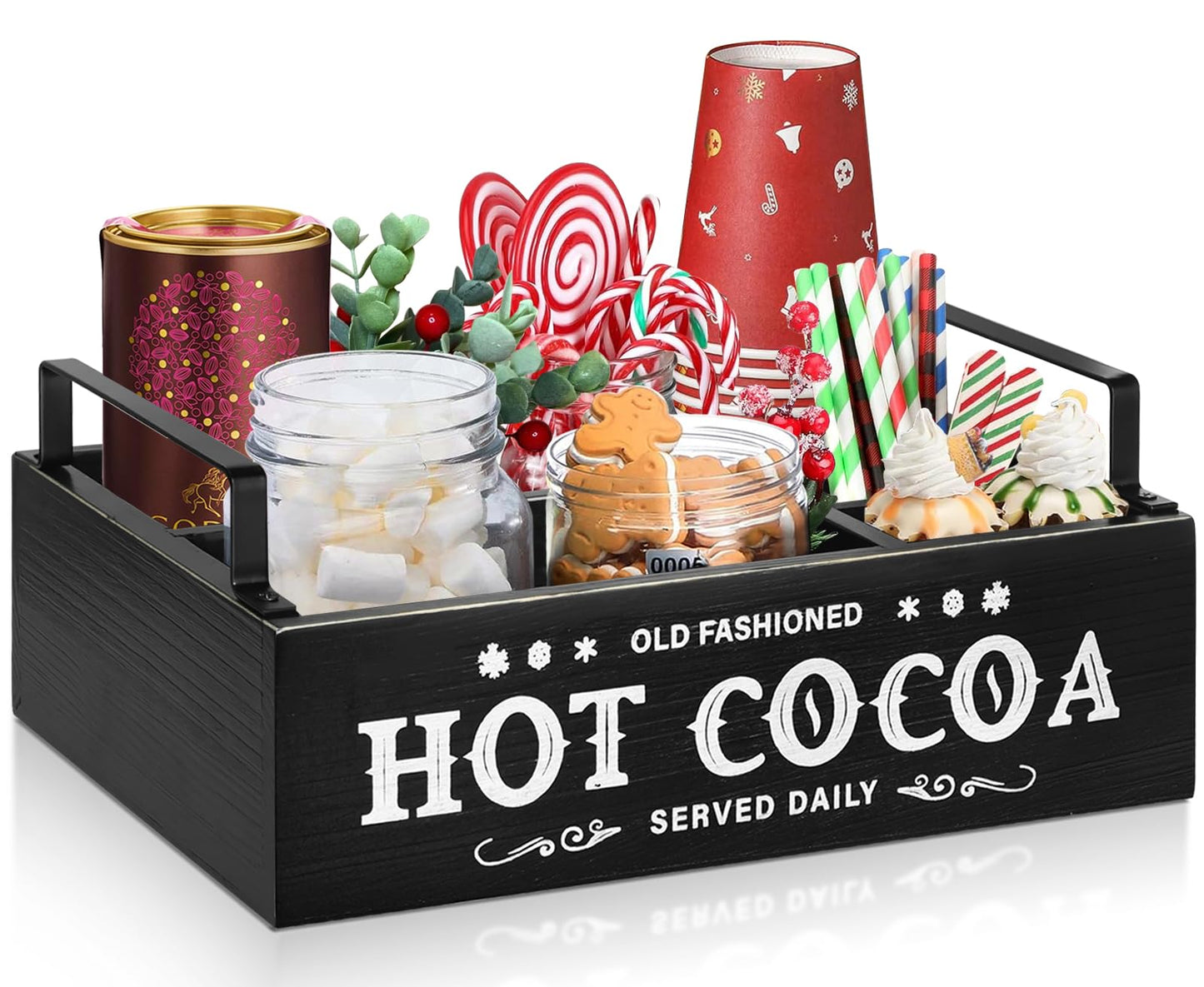 Hot Chocolate Bar Organizer with Handle, Farmhouse Hot Bar Supplies for Chocolate Maker, Countertop Wood Coffee Station Organizer Decorative Storage Bins, Cocoa Lovers Gift
