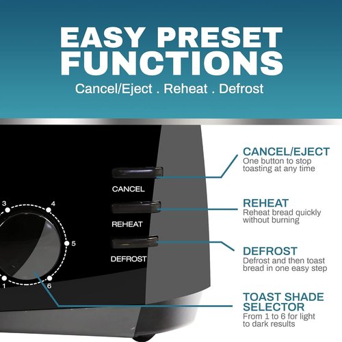 Elite Gourmet Long Slot 4-Slice Toaster - 6 Toast Settings, Defrost & Reheat Functions, Black