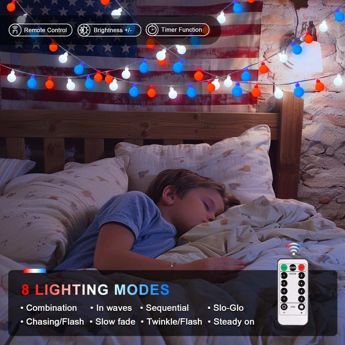 JMEXSUSS Red White and Blue Lights Battery Operated, 33ft 4th of July Lights Outdoor Waterproof, 100 LED String Light for Independence Day Memorial Patriotic Day Decor