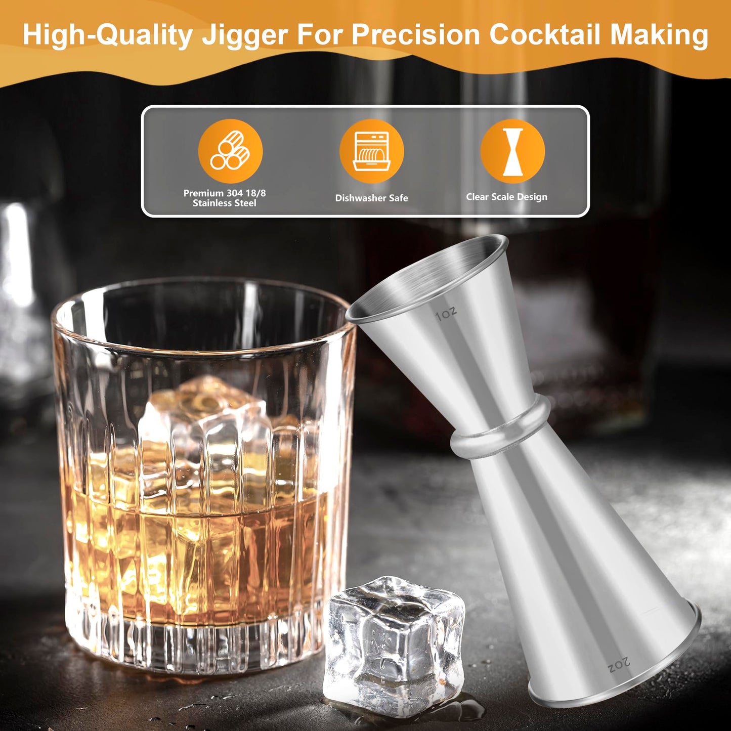 Lexenic 2oz 1oz Premium Japanese Jigger with 7 Measurements Inside for Bartender, 304 Stainless Steel Heavy-Duty Jigger, Bar Accessories for The Home Bar Set (Pack 1)