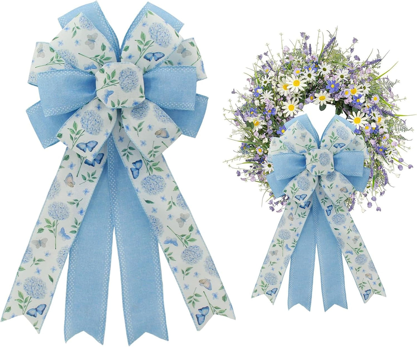 Skiennix 20.87 Inch Large Spring Bow - Blue Hydrangea & Butterfly Burlap Ribbon for Easter Decor | Indoor/Outdoor Use