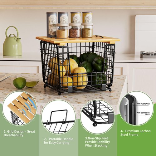 GGIU Wire Storage Basket - Stackable Kitchen Pantry Organizer for Produce, Vegetables & Onions - Black