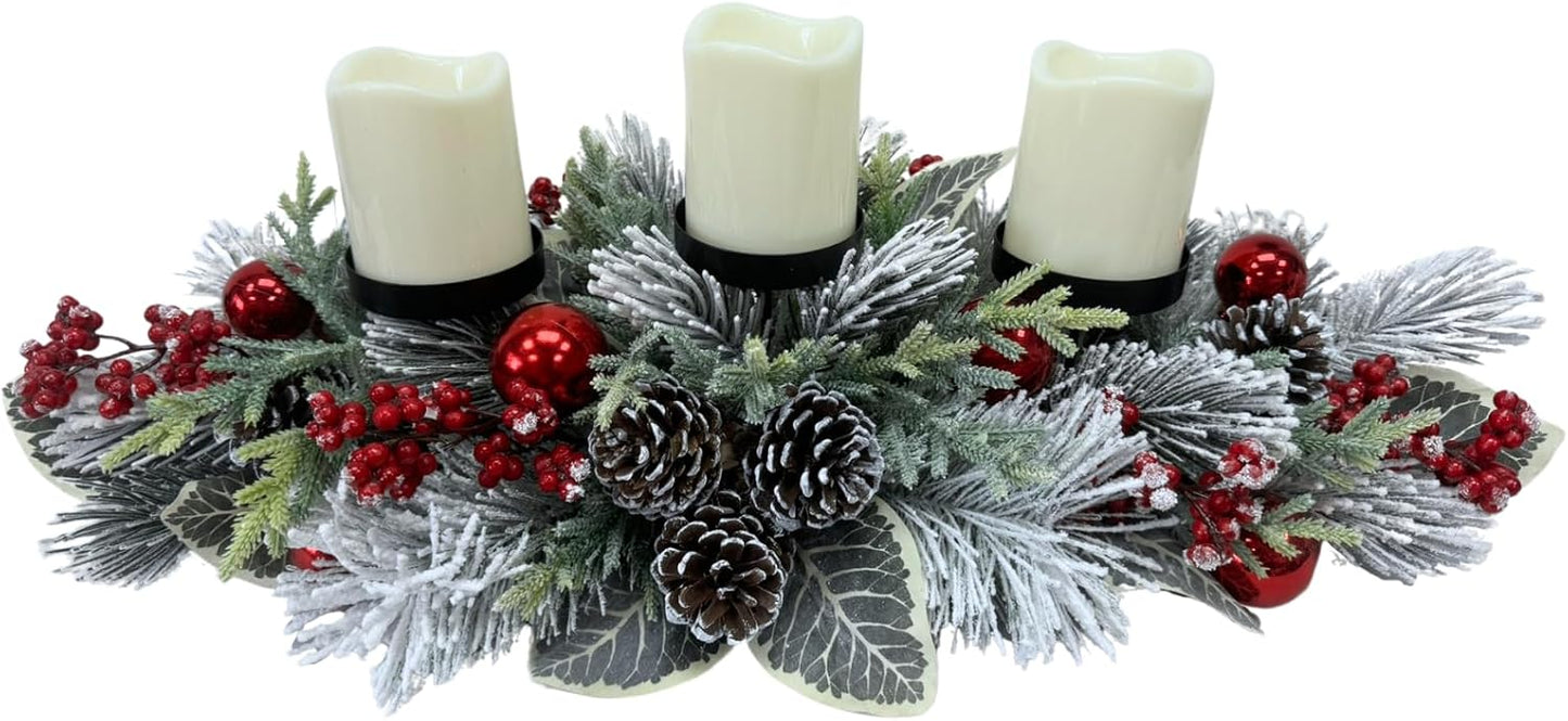 Svndlyn Christmas Candle Holder - 3 Candle Holders with Snow Flocked Pine Branches & Red Berries | Festive Table Centerpiece