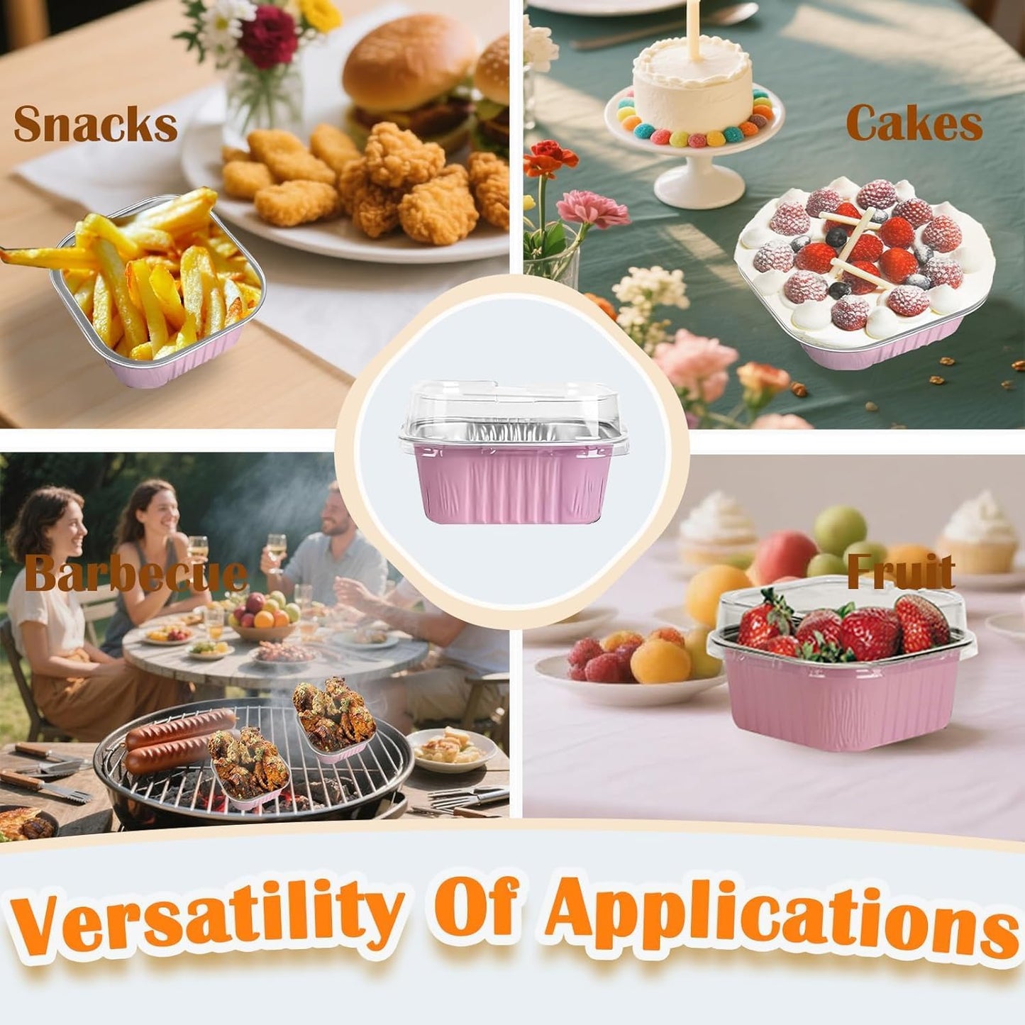 Skiennix 50 Pack Aluminum Pans - 8"x8" Disposable Foil Containers with Plastic Lids for Baking & Storing | Pink
