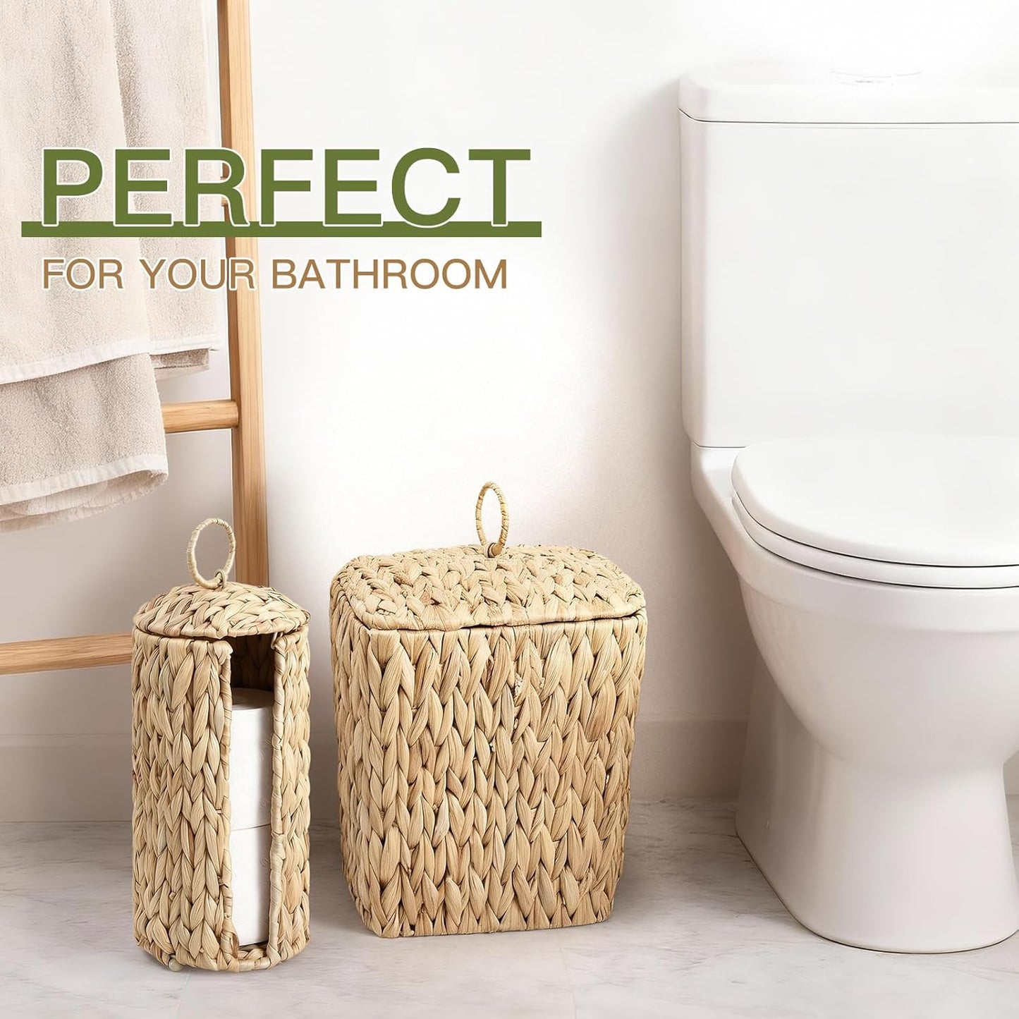 Wicker Waste Basket - Handwoven Water Hyacinth Trash Can with Lid | 2.5 Gal Rustic Decor for Home