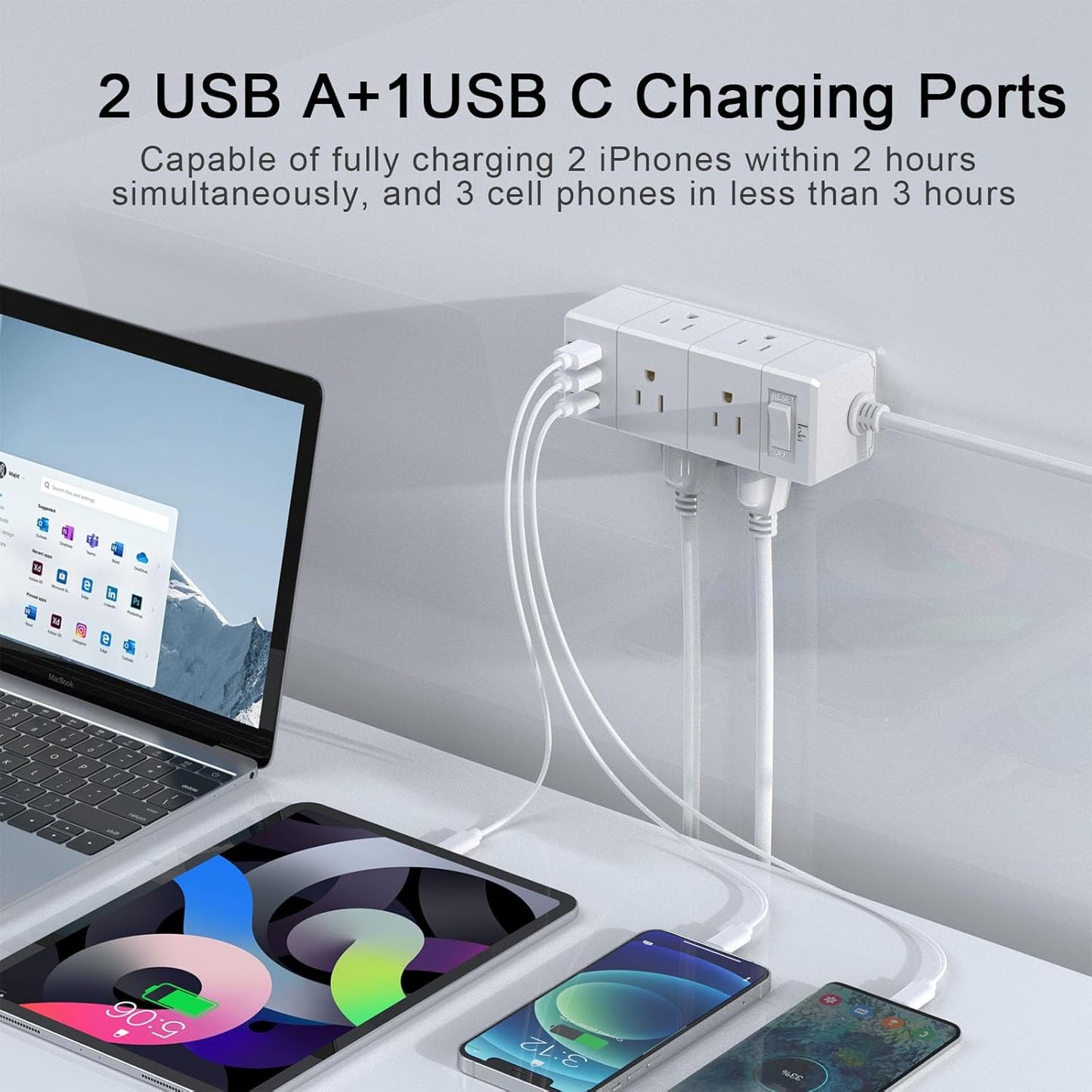 Tcstei 5Ft Outlet Extender Power Strip - Flat Plug with 6 Outlets & 3 USB Ports (1 USB-C) | Wall Mount Design for Home & Dorm Essentials, White