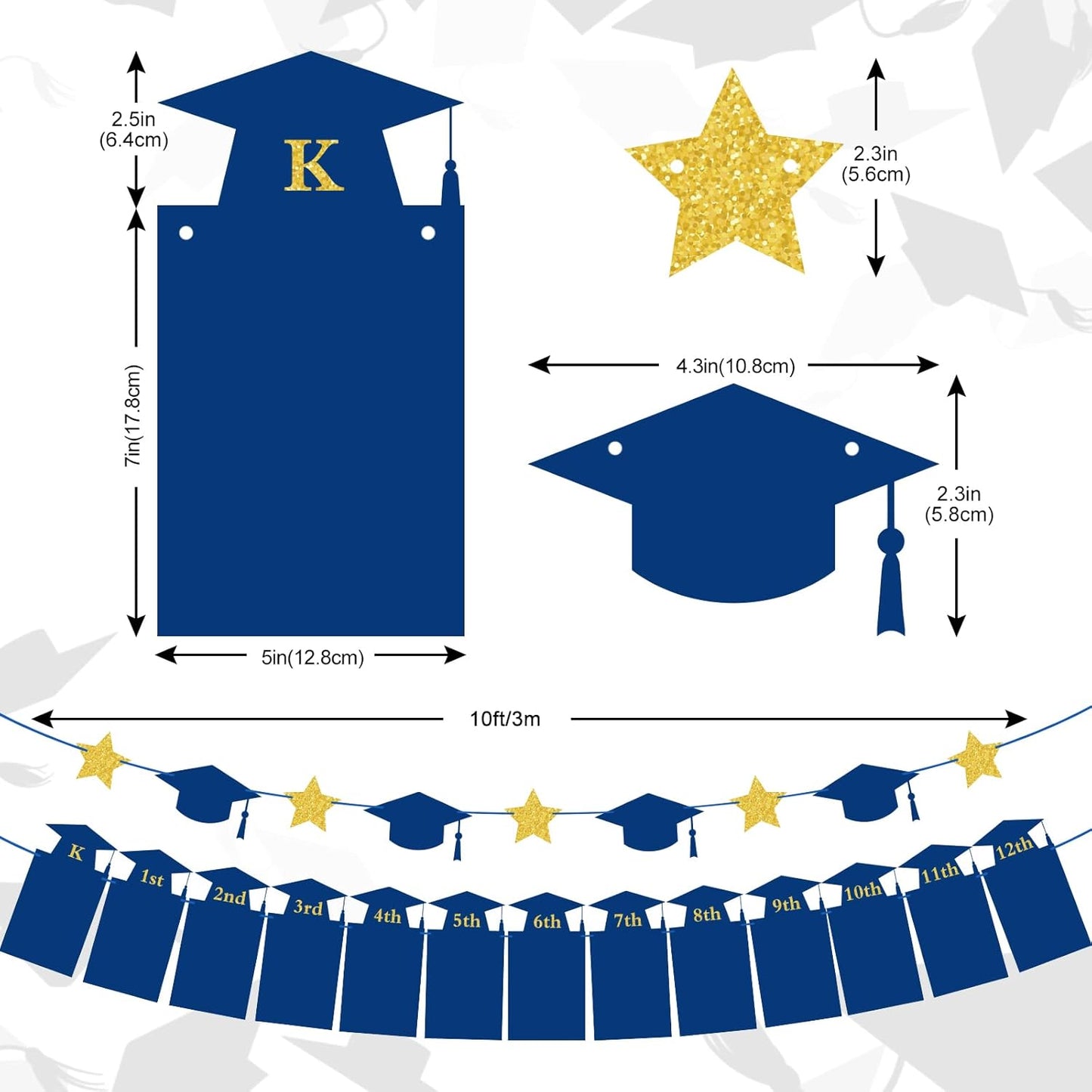 Whaline Graduation Photo Banner - No DIY Required | Blue Gold Glitter Bunting for 5 x 7 Inch Pictures