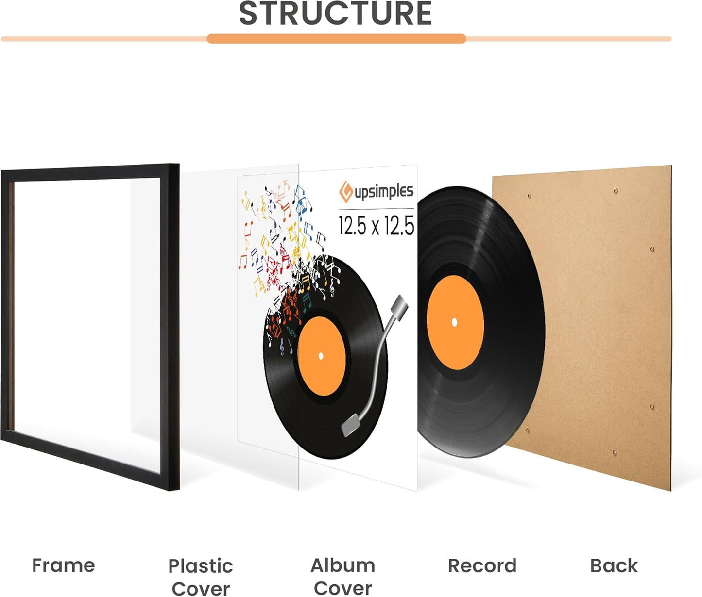 Upsimples Vinyl Record Frames - 12.5x12.5 Inch Album Cover Display - Black, Set of 4 for Home Decor