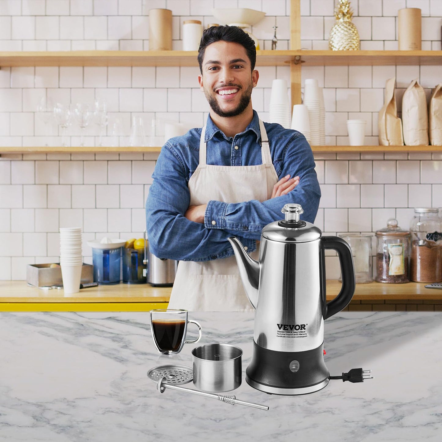 VEVOR 12-Cup Electric Percolator Coffee Pot, 304 Stainless Steel Body Coffee Percolator with Keep Warm Function & Heat-Resistant Handle, Classic Coffee Maker, Quick Brew & Easy-Pour Spout, Silver