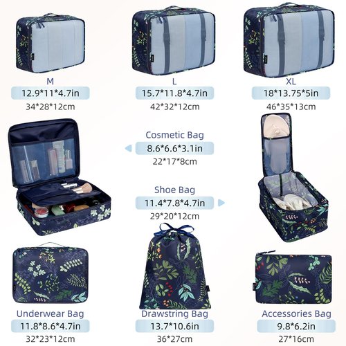 BAGAIL Packing Cubes Set - 8 Travel Organizers for Efficient Luggage Packing | Navy Leaf Design