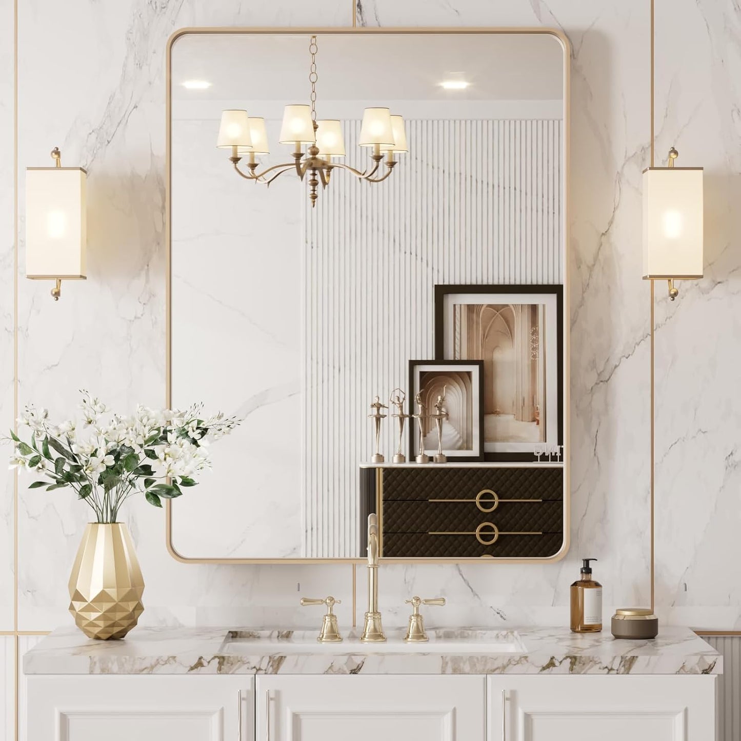 LOAAO Gold Bathroom Mirror - 20”X30” Rounded Rectangle Design, Wall-Mounted, Anti-Rust Finish