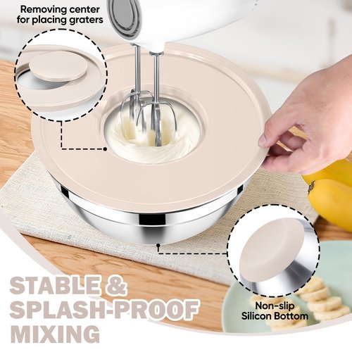 E-far 25PCS Mixing Bowls with Lid Set, Stainless Steel Nesting Prep Bowls with Grater Attachments Non-Slip Bottoms for Cooking, Serving, Food Storage, 4.6/2.6/2/1.5/1/0.7QT - Khaki