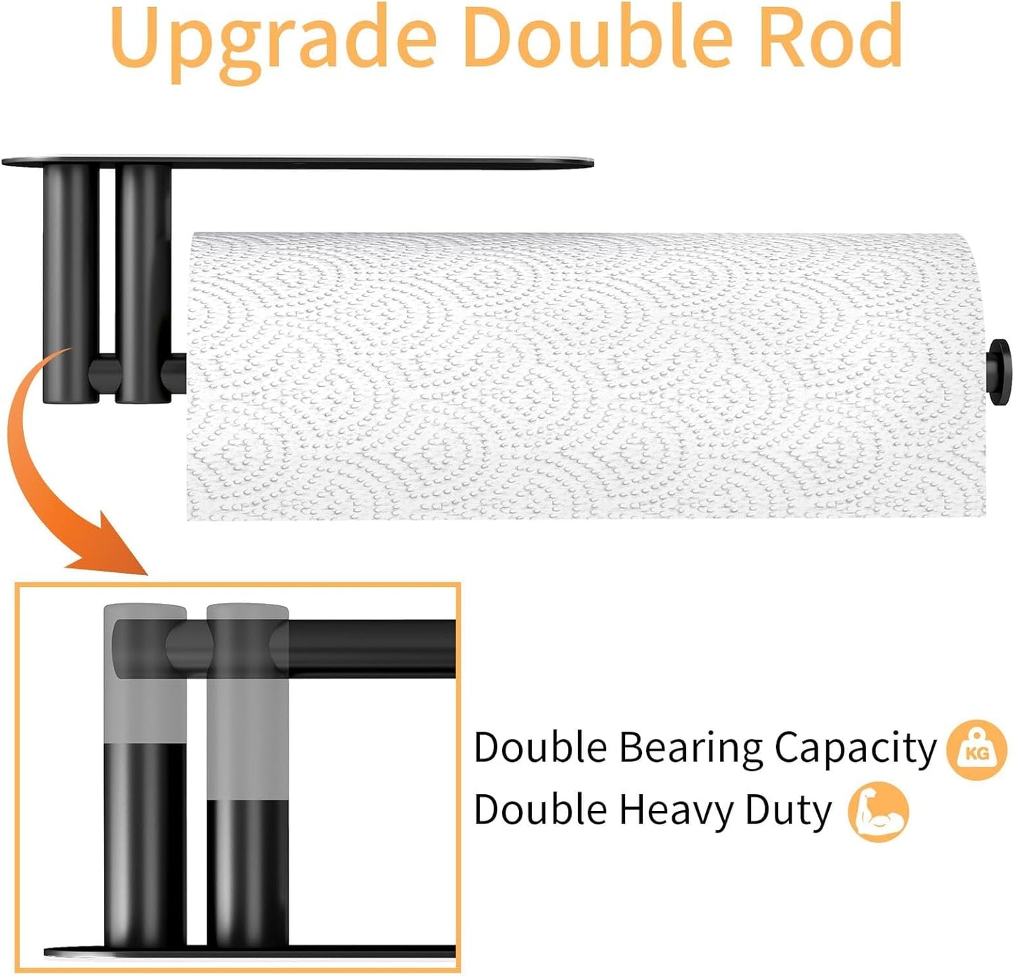 Skiennix Under Cabinet Paper Towel Holder - Heavy Duty Double Pole Design, Stainless Steel, Black