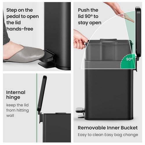 Cesun Bathroom Trash Can - 2.6 Gallon Soft Close Stainless Steel Waste Basket | Black Design for Home & Office