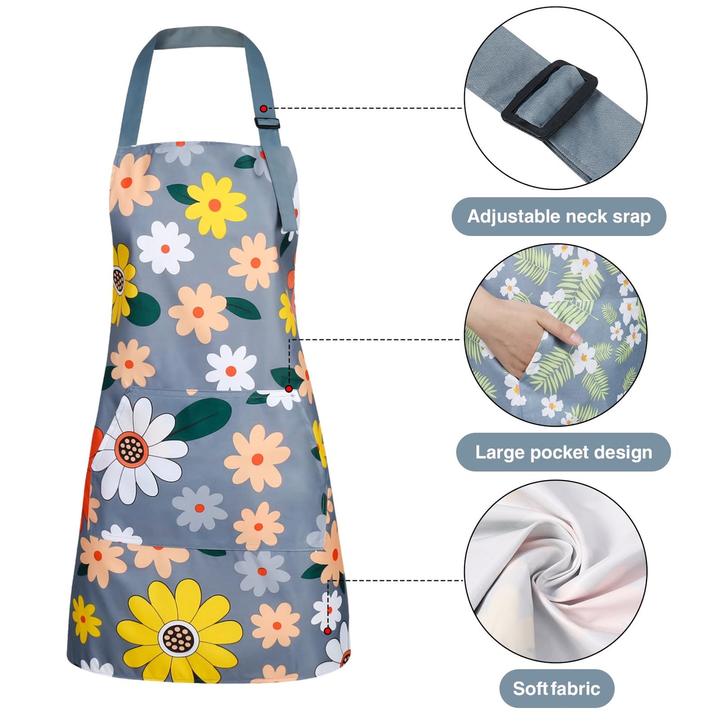 BOUMUSOE 3 Pack Floral Aprons with Pocket, Blooming Womens Aprons Waterproof Adjustable Cooking Aprons for Kitchen Gardening and Salon
