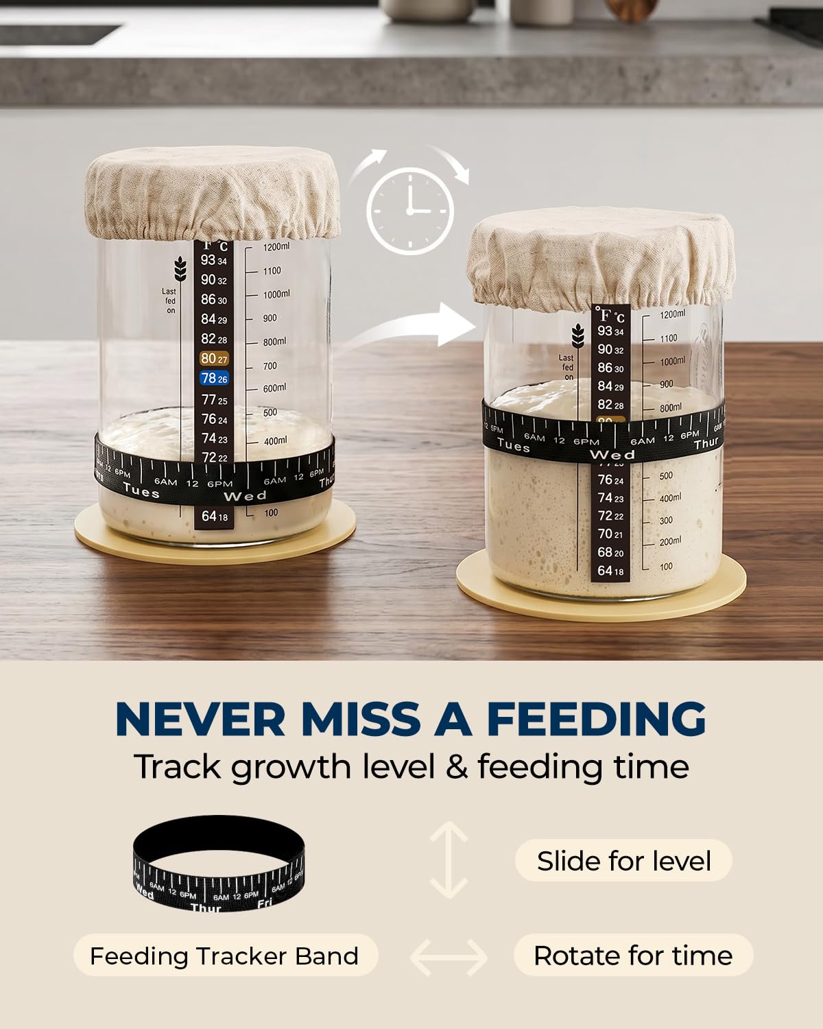 Lorzon Sourdough Starter Jar Kit - 47 oz Large Wide Mouth Bread Starter Jar with Feeding Tracking Band, Silicone Spatula, Sourdough Bread Baking Supplies