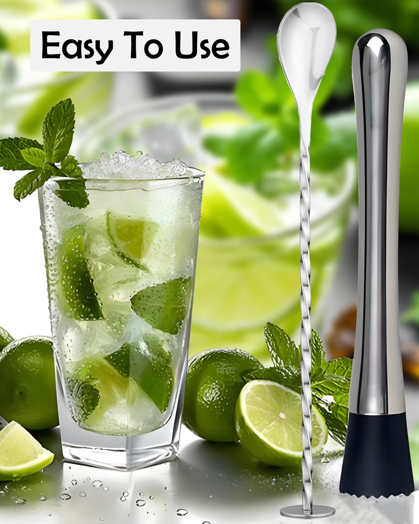 Stainless Steel Cocktail Muddler & Mixing Spoon Set — 10 Inch Bar Tool Kit for Home Bartenders, Ideal for Mojitos, Margaritas, Mint & Fruit Cocktails, Silver