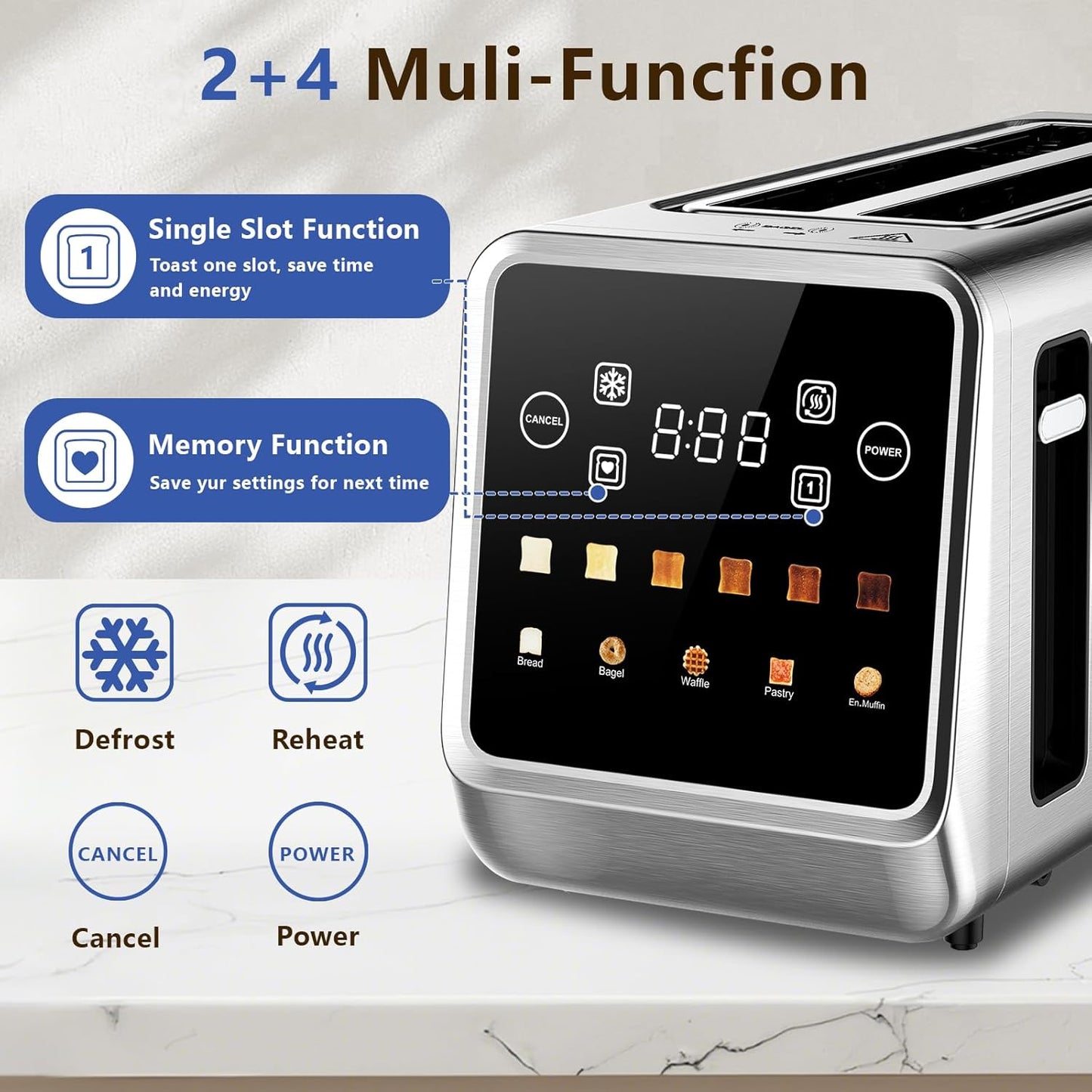 SAKAMOSH Smart Toaster - 4 Slice Digital Toaster with Touch Screen & 6 Browning Levels | Stainless Steel