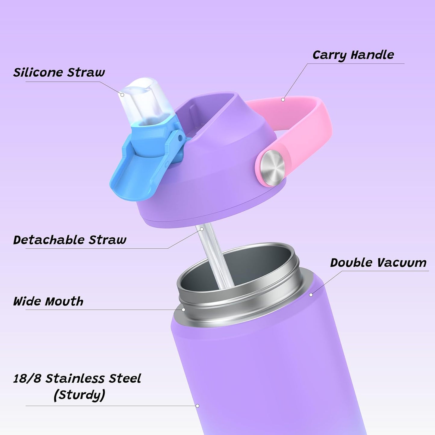 Skiennix Kids Purple Water Bottle - 18 oz Insulated Stainless Steel Cup with Straw | Leakproof Design