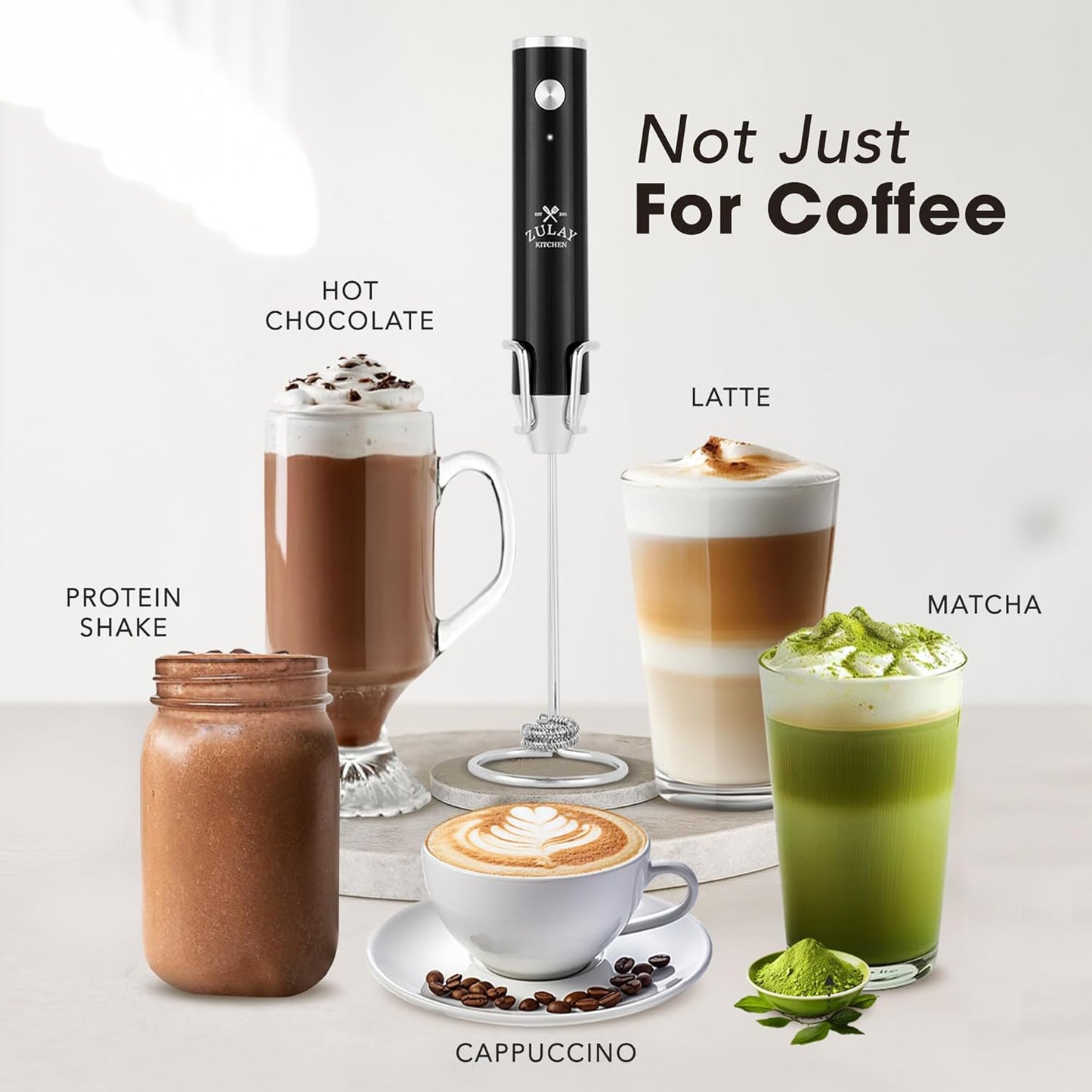 Zulay Kitchen Rechargeable Milk Frother - Powerful 2-Speed Motor, 2000mAh Battery - Jet Black Drink Mixer for Latte & Cappuccino