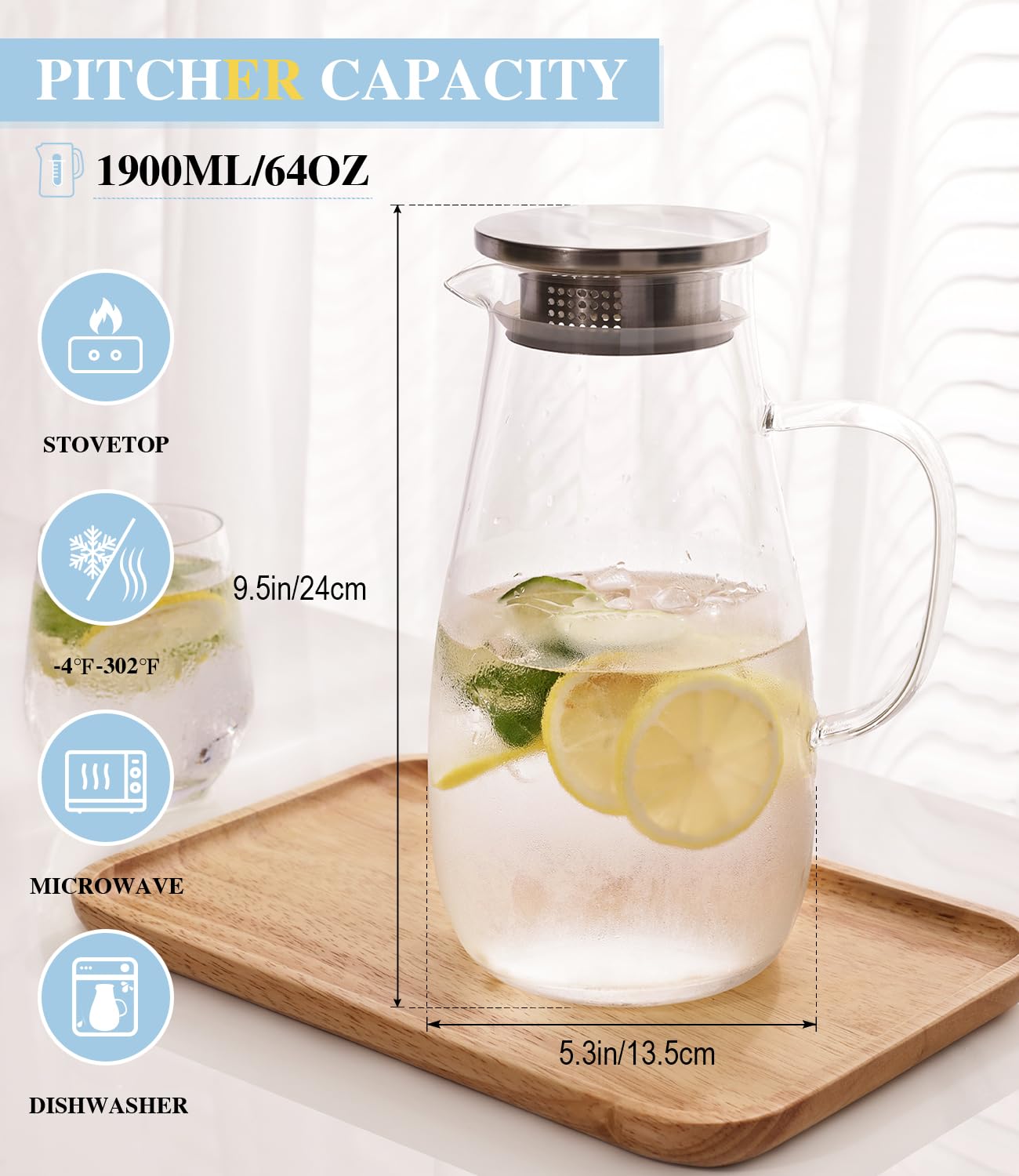 LUNA & MANTHA Glass Pitcher with Lid, Water Pitcher for Fridge, 64oz Drink Jug with handle, Borosilicate Glass for Iced Tea, Juice, Milk, Coffee Hot Cold Beverages Carafe 2 Quart