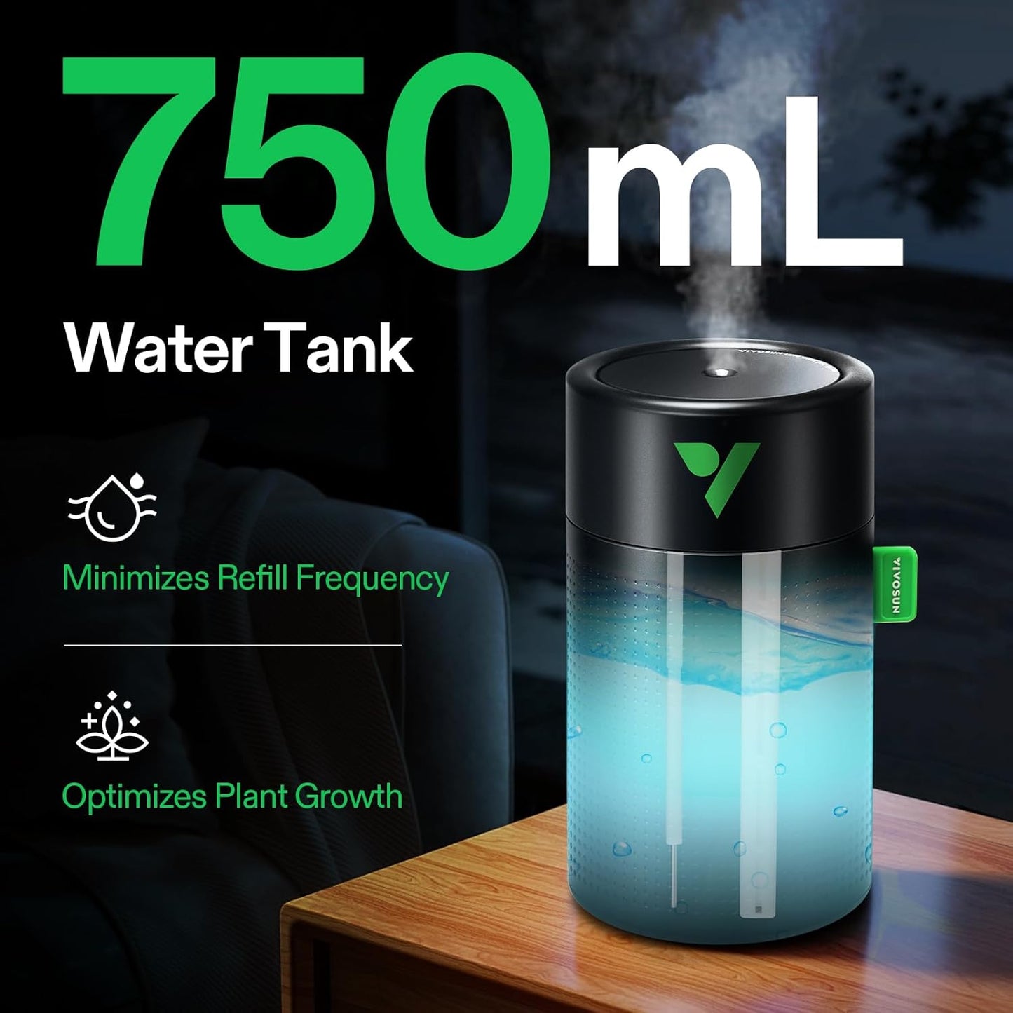 VIVOSUN AeroStream U075 USB Humidifier - 750ml Cool Mist Mini Humidifier with Smart Remote Control