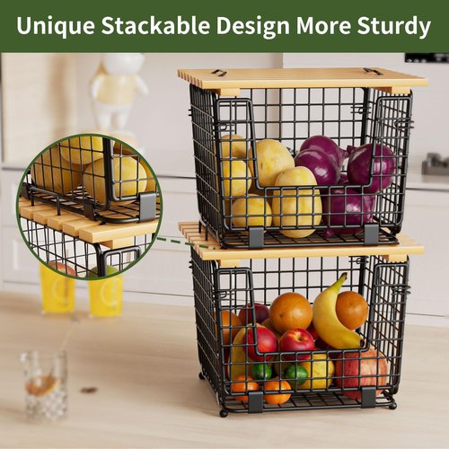 GGIU Wire Storage Basket - Stackable Kitchen Pantry Organizer for Produce, Vegetables & Onions - Black