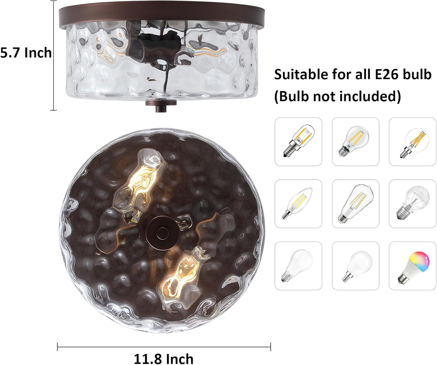 Hammered Glass Brushed Nickel Flush Mount Ceiling Light,2-Lights Modern Farmhouse Ceiling Lighting Fixture for Kitchen Hallway Bedroom,Indoor Antique Foyer Light