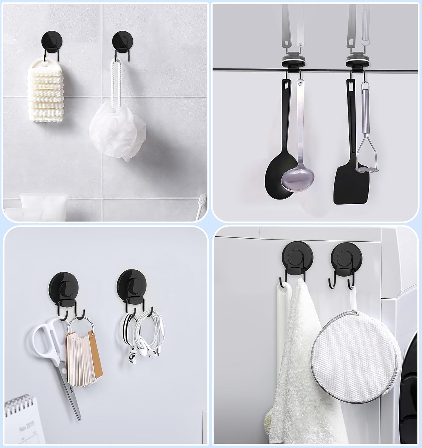 VIS'V Heavy Duty Shower Suction Cup Hooks - Removable & Reusable Double Hooks, Black | 2 Pack