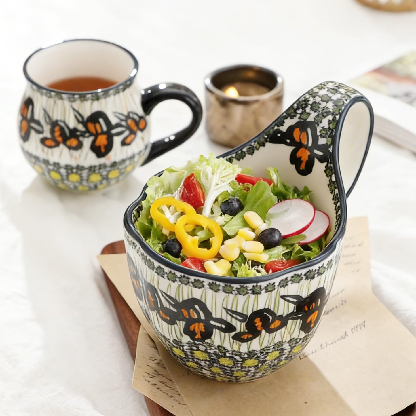 ALMA Ceramic Soup Bowls With Handles, 18oz Microwavable Large Loop Handle Mugs, Decorative Handpainted Floral Soup Bowl For Cereal, Oatmeal, Chili, Snack,Fruits,Ice cream-Orange Irene Theme
