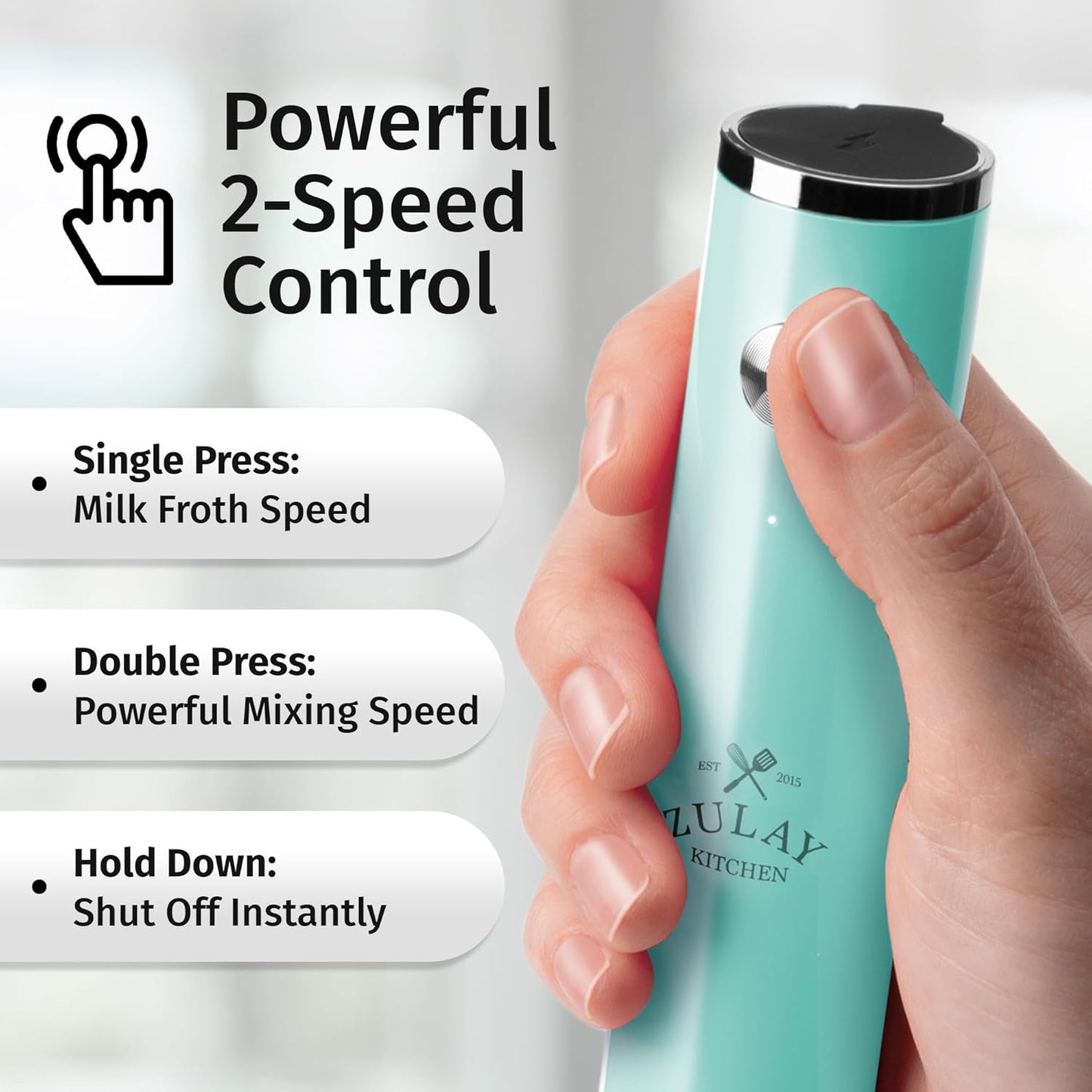 Zulay Kitchen Rechargeable Milk Frother - Powerful 2-Speed Motor, Waterproof, 2000mAh Battery | Sky Blue Drink Mixer for Latte, Cappuccino & Matcha