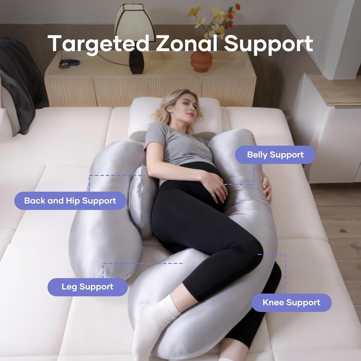 Skiennix Pregnancy Pillow - Adjustable H-Shaped Maternity Support with Cooling Cover | Grey Full Body Comfort