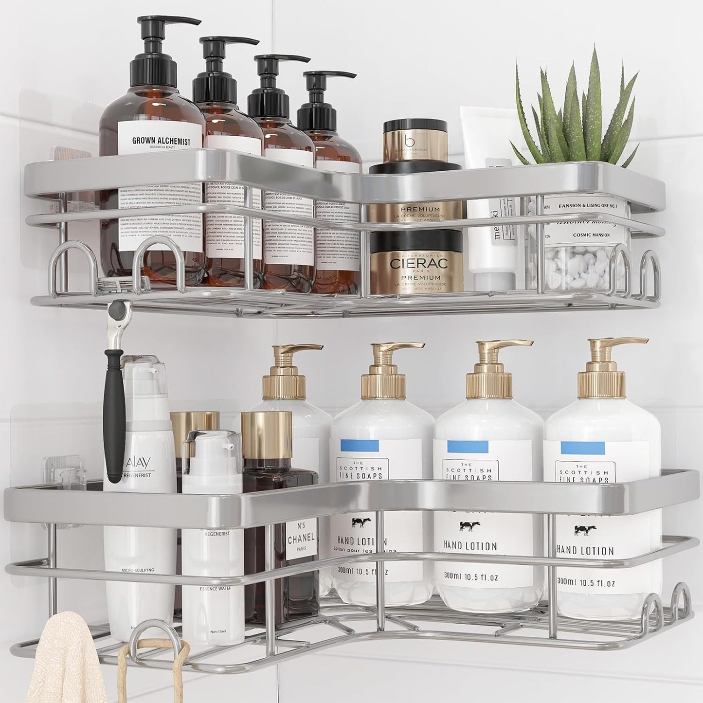 Sakugi Corner Shower Caddy - Rustproof Stainless Steel Organizers with 8 Hooks | No Drilling, Space-Saving, Silver, 2 Pack