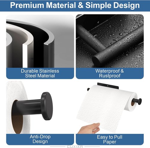 CUXIXA Under Cabinet Paper Towel Holder - Wall Mount 2-Pack with Self-Adhesive & Screws | Stainless Steel, Black