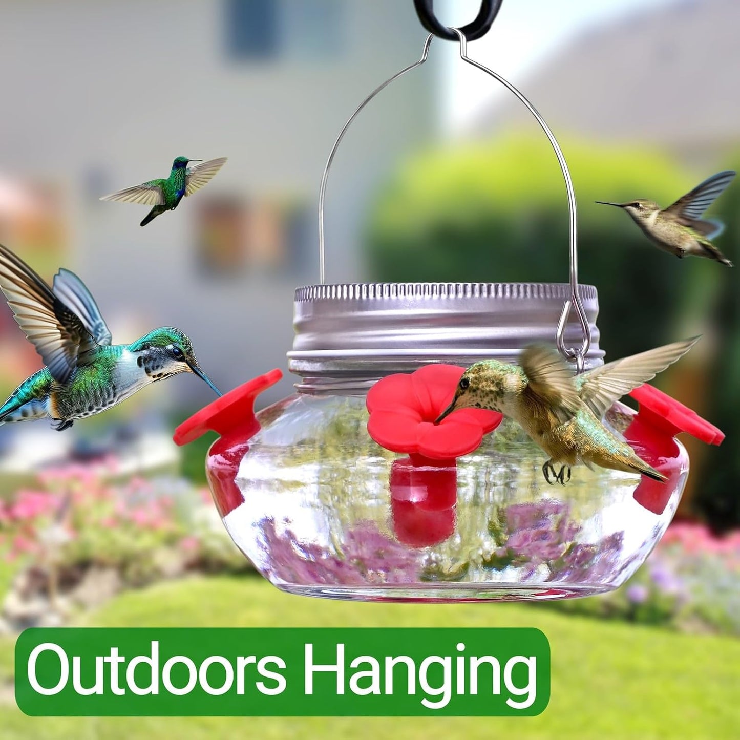 Skiennix Glass Hummingbird Feeder - Cute Mason Jar Design with 4 Silicone Flower Ports | Easy to Clean & Refill