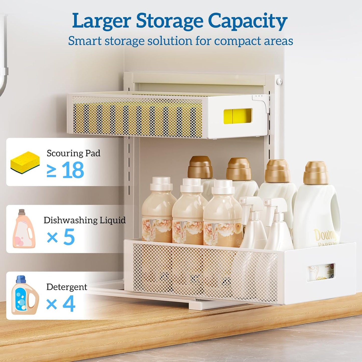 Skiennix Kitchen & Bathroom Organizer - Upgraded Guide Rail Design for Smooth Pull-Out | XL White Cabinet Storage