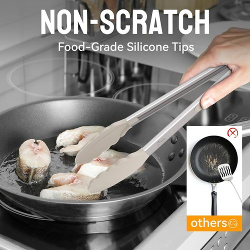 HOTEC Premium Stainless Steel Kitchen Tongs - Set of 2 (9" & 12") with Silicone Tips in Khaki