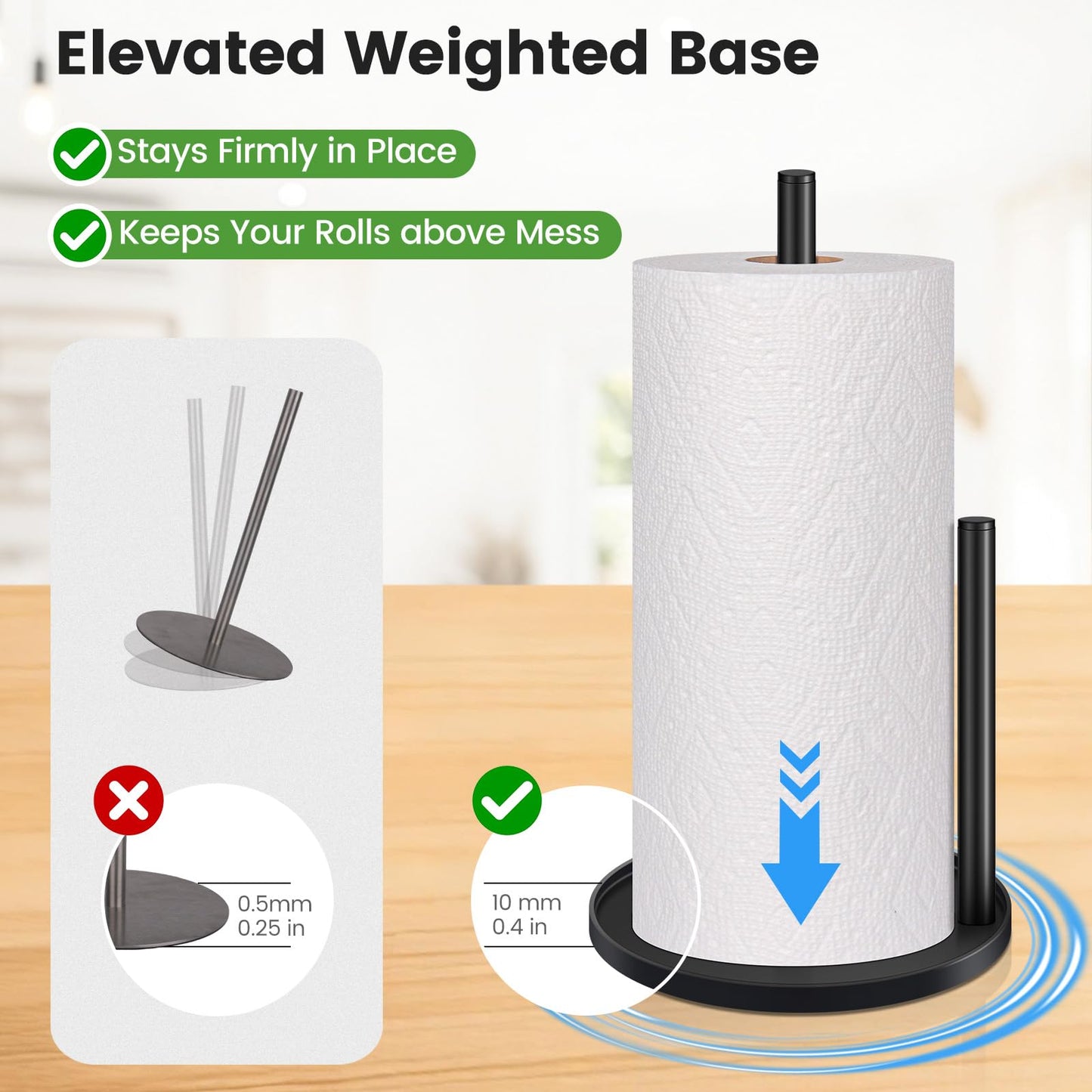 Black Paper Towel Holder Countertop, Paper Roll Holder Stand with Anti-Slip Weighted Base, Easy-Tear Papers Towel Rack Free Standing Tissue Dispenser for Bathroom Kitchen Organization RV Essentials