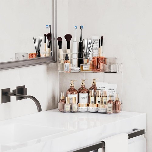 Asayuee 2-Tier Corner Bathroom Organizer - Large Clear Makeup & Skincare Holder with Toothbrush Slots