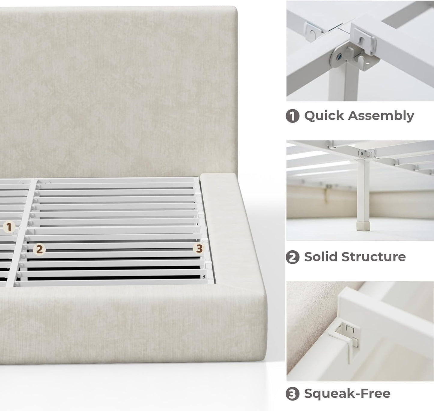 RECCI AirFrame Queen Bed Frame - Cloud Upholstered Platform with Headboard, 5-Inch Foam Cushioned, Easy Assembly | Beige Chenille