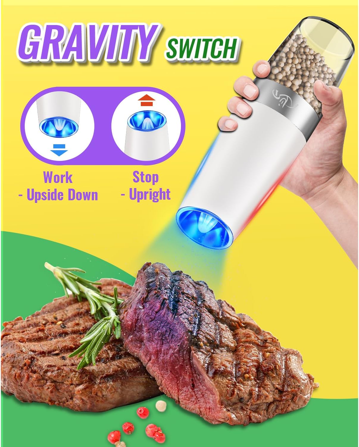 Rongyuxuan Electric Pepper and Salt Mill Set - Automatic Grinder with Blue LED Light, Adjustable Coarseness