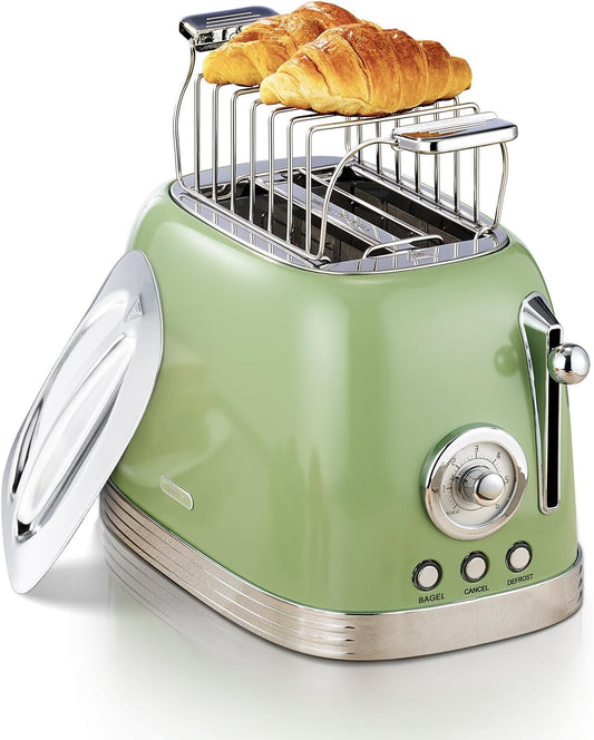 Wiltal Green Retro 2-Slice Toaster - 1.58" Wide Slots, Stainless Steel Lid, Warming Rack & Countdown Timer